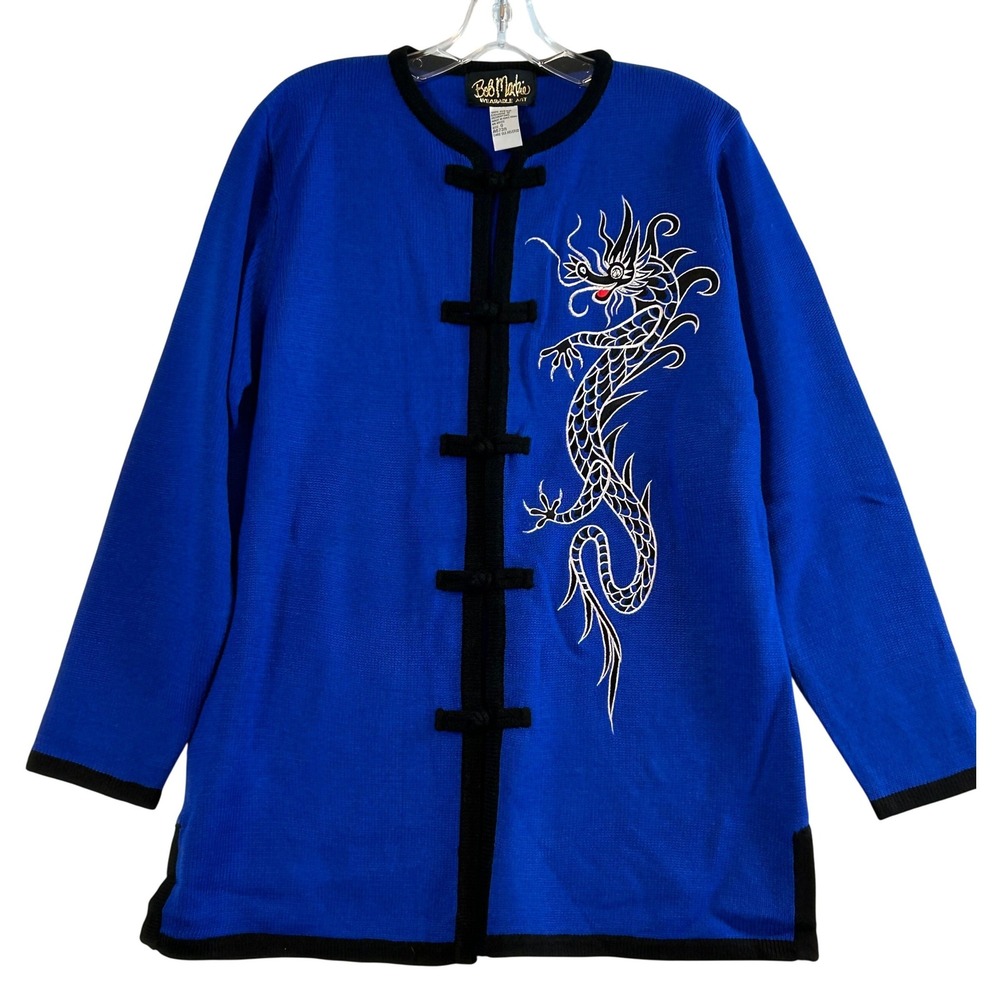 NWT VTG Bob Mackie Wearable Art Blue Dragon Embroidered Front Closure Sweater Sm